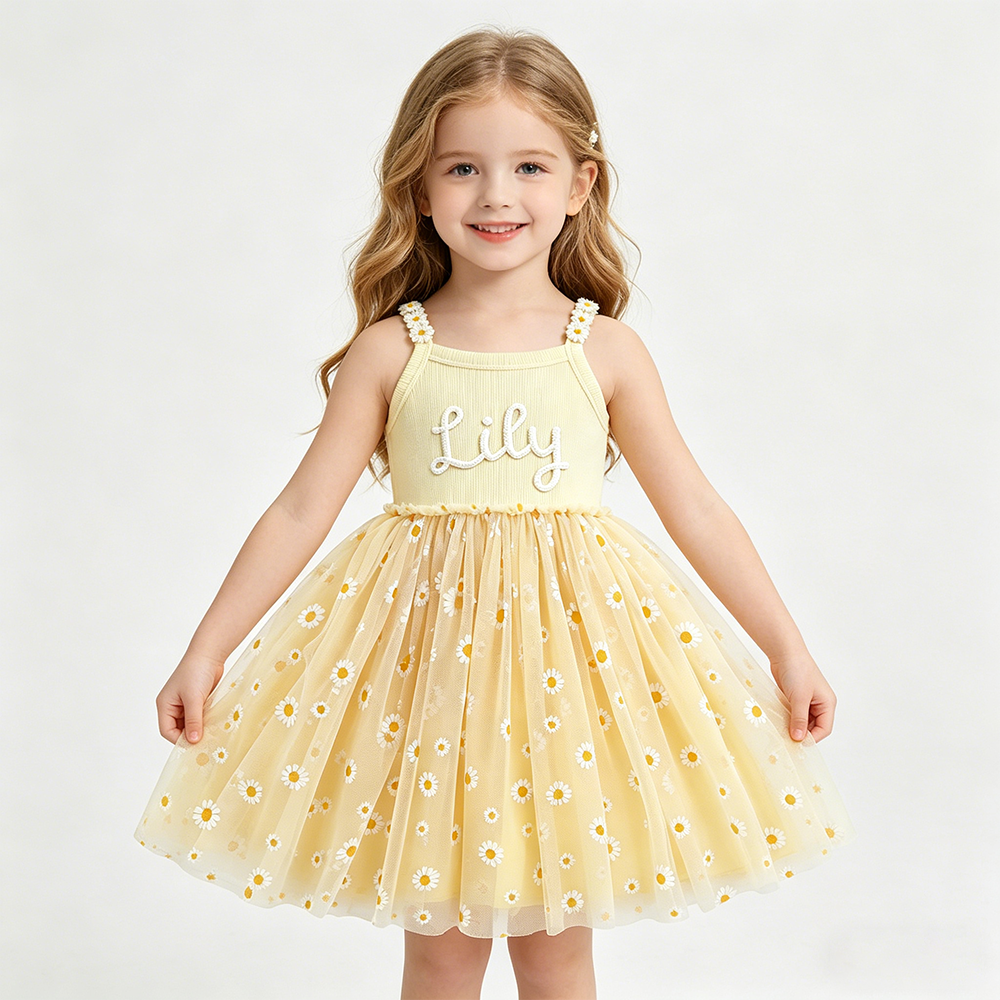 Personalized Girl Hand Knitted Rainbow Daisy Tutu Dress| Dress100