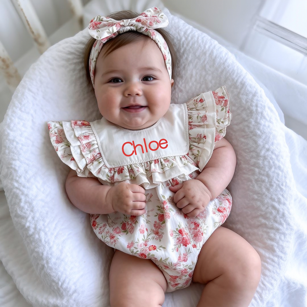 Personalized Girl's Floral Cotton Dress With Headband| Dress113