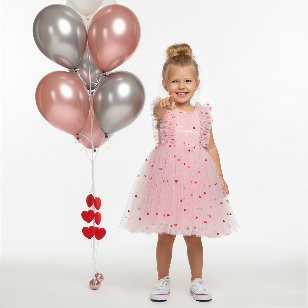 Personalized Girl Valentine's Day Heart Mesh Dress| YESVa08