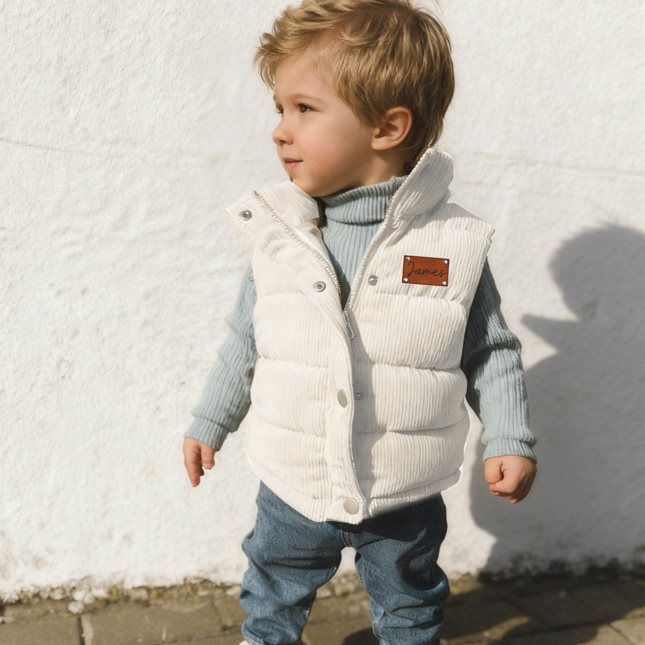 Personalized Kid Leather Patch Corduroy Vest| Cloth253