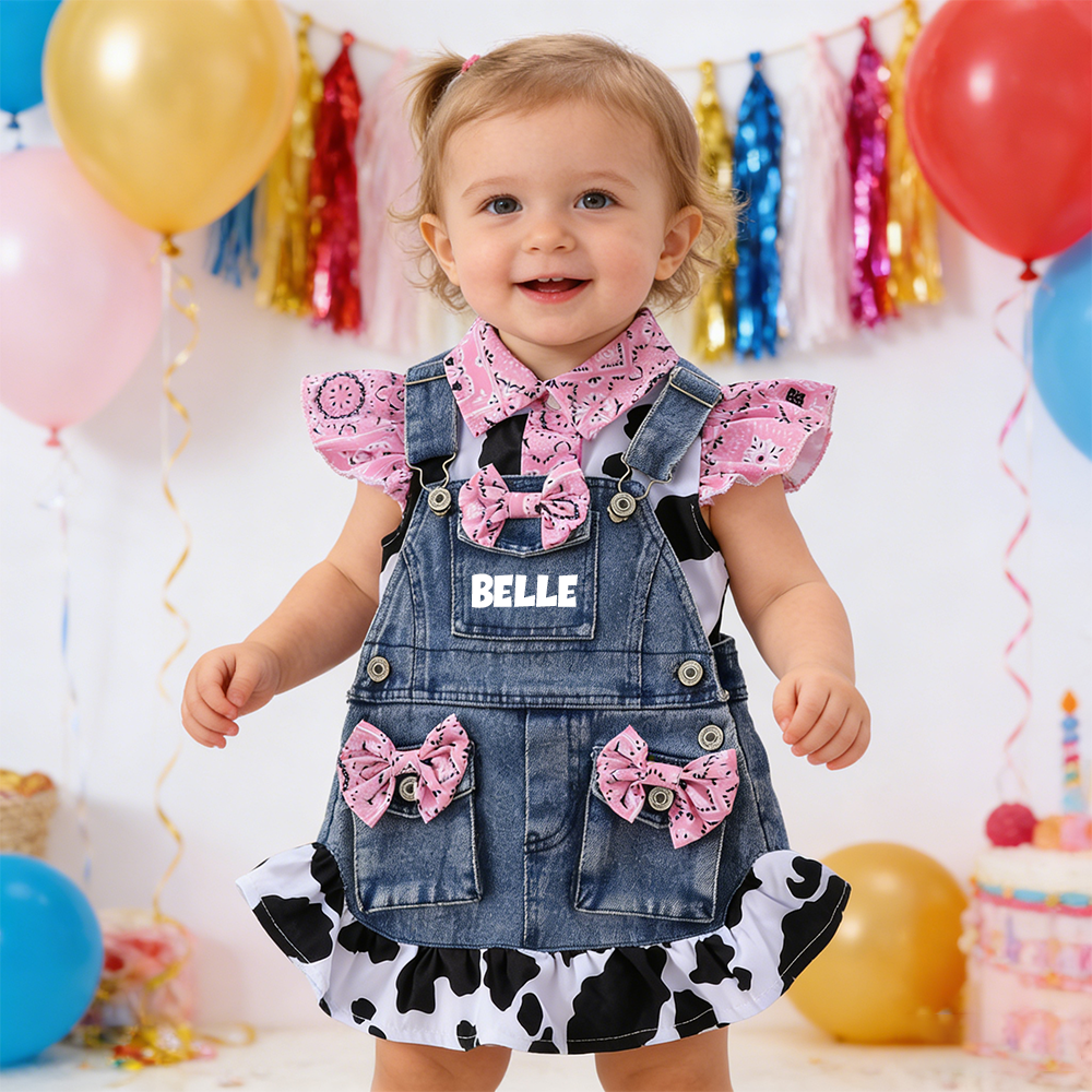 Personalized Baby Girl Cow Print Denim Overall Dress Set| BBcloth132