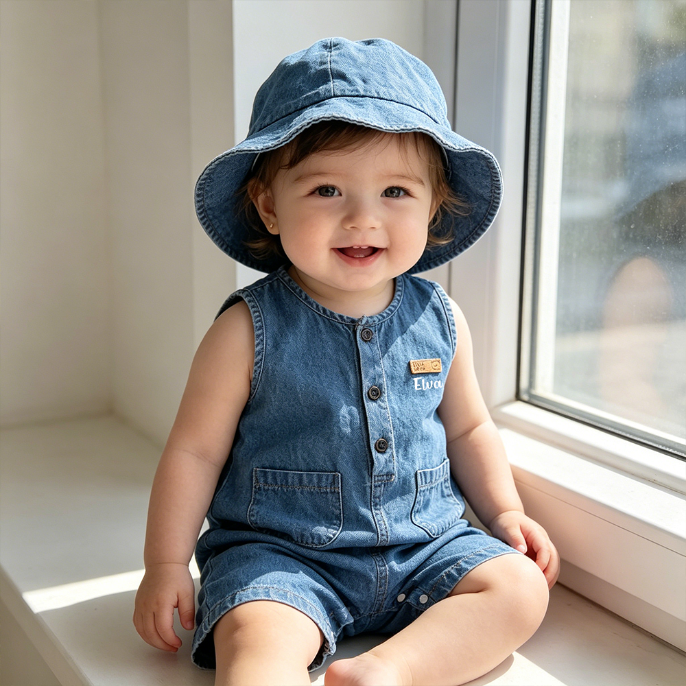 Personalized Baby Denim Jumpsuit & Sun Hat Set| Pants56