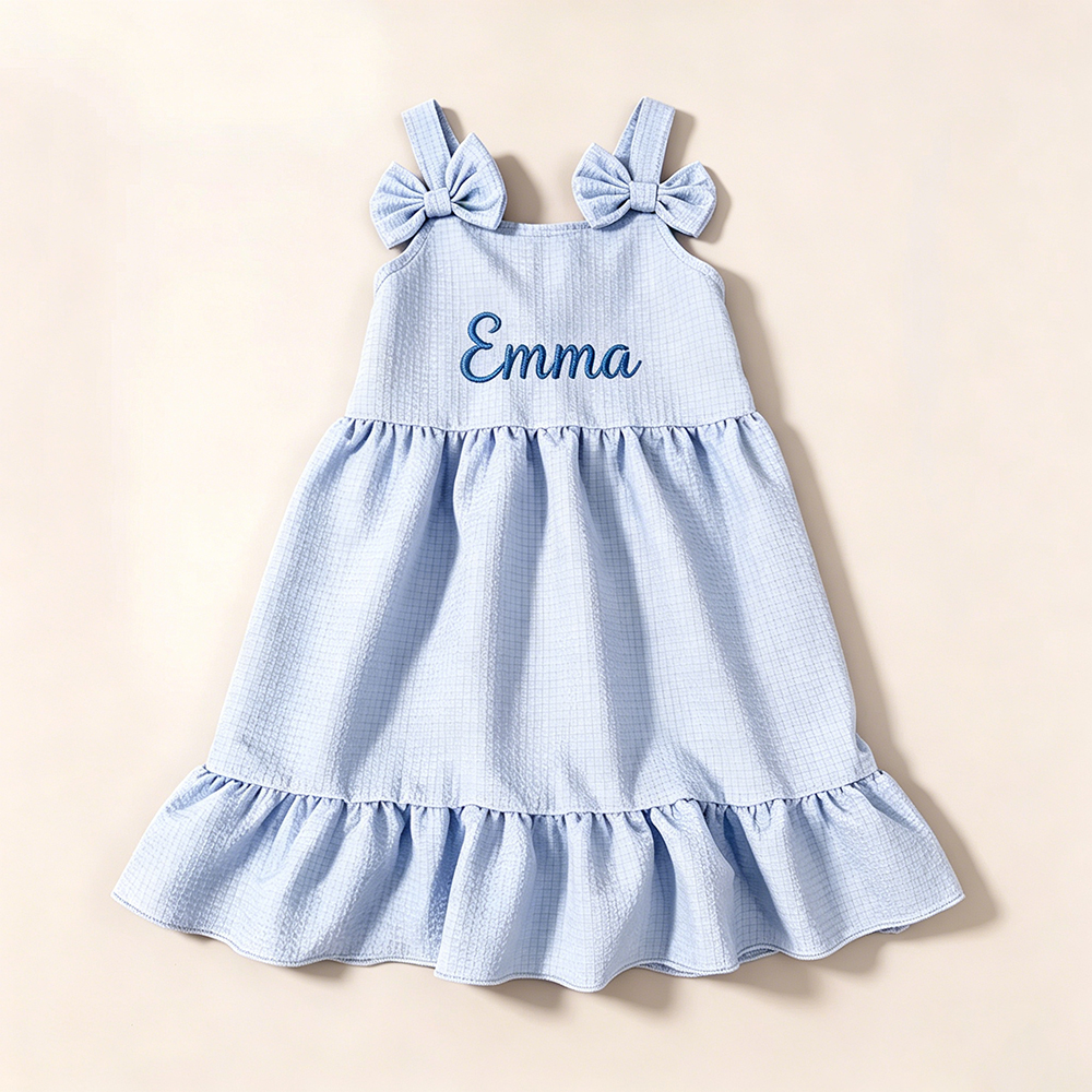 Personalized Girl Embroidered Name Bow Strap Dress| Dress99