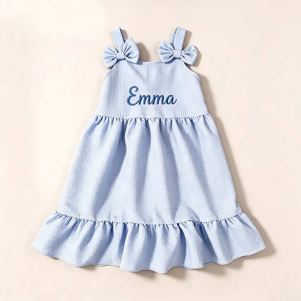 Personalized Girl Embroidered Name Bow Strap Dress| Dress99