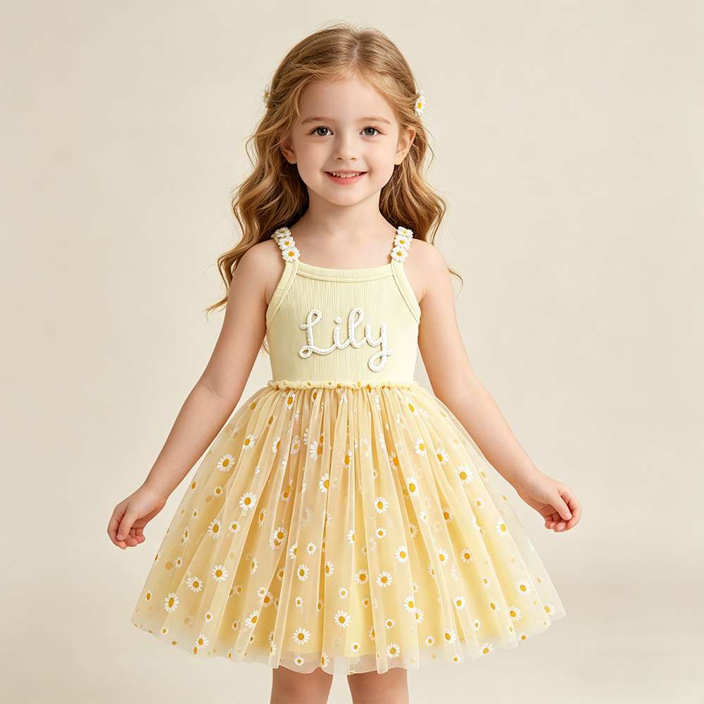 Personalized Girl Hand Knitted Rainbow Daisy Tutu Dress| Dress100
