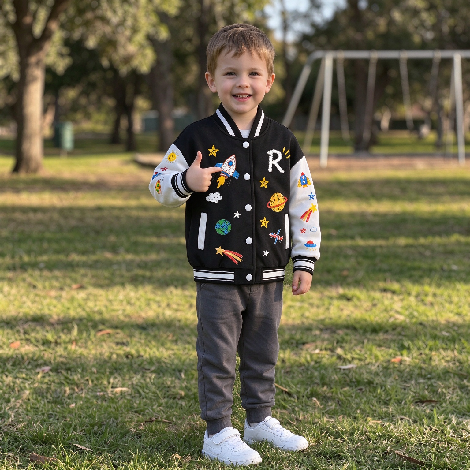 Personalized Kids Space Rocket Varsity Jacket | Cloth291