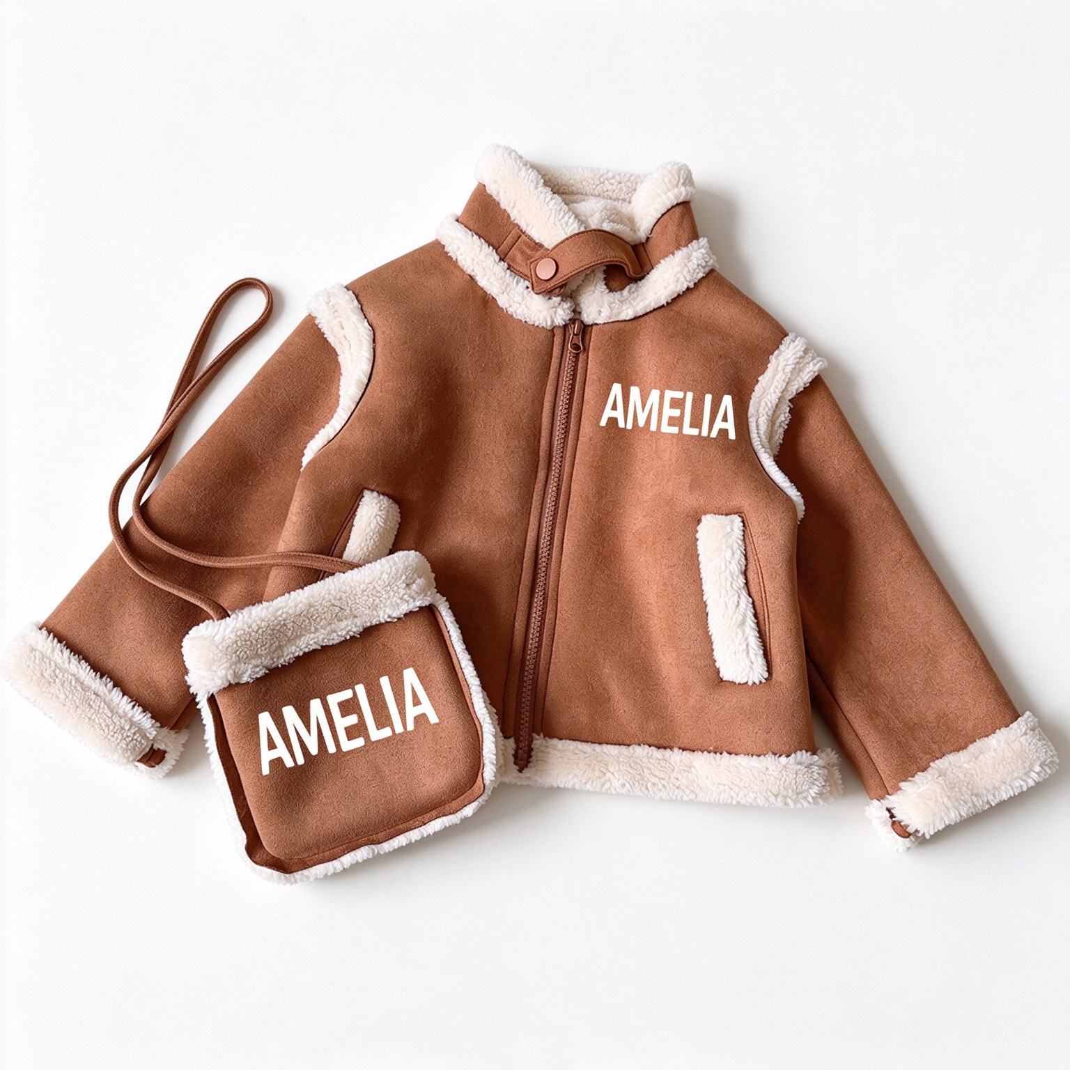 Personalized Girls Warm Sherpa Coat & Crossbody Bag Set | Cloth292