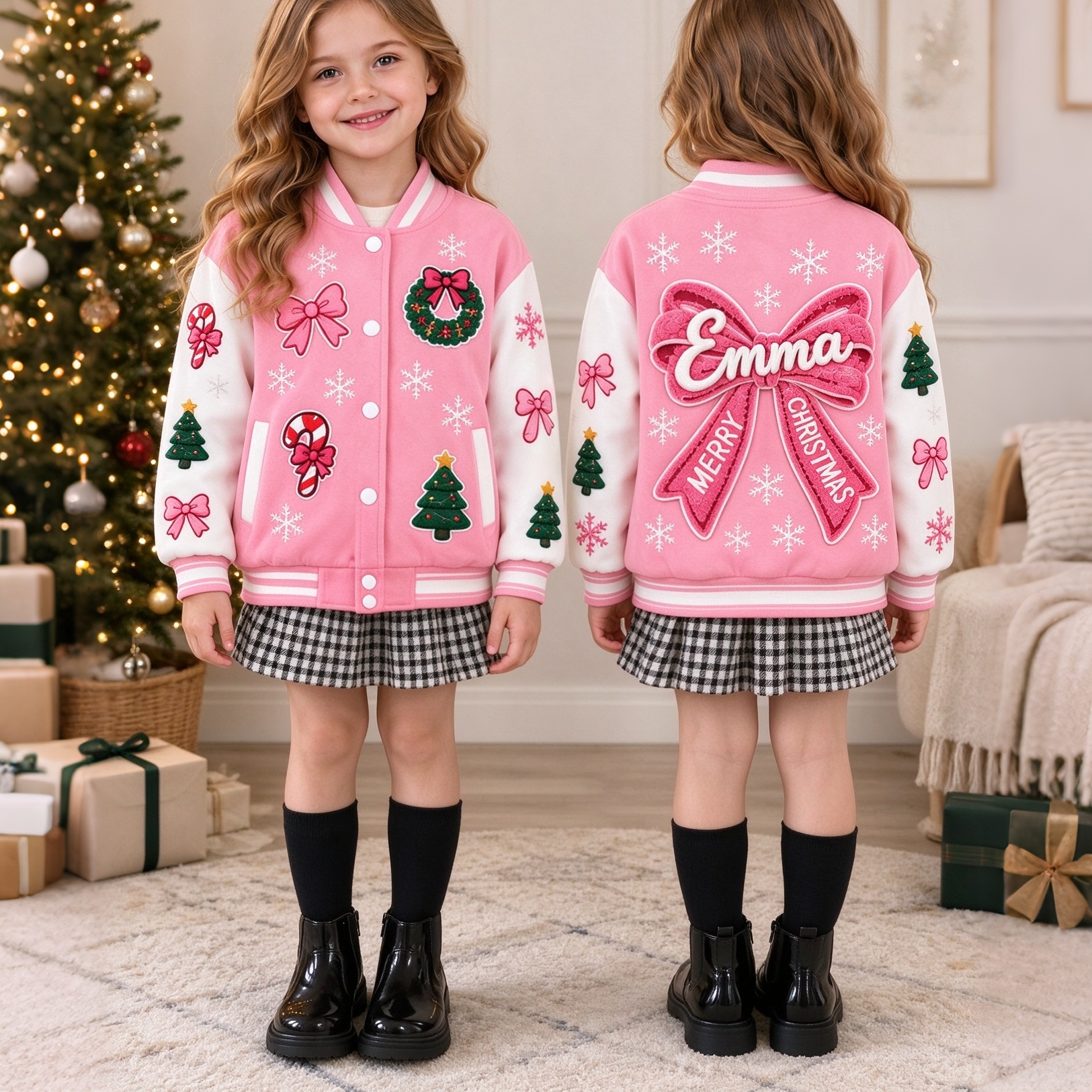 Personalized Pink Christmas Sweet Print Varsity Jacket for Girls | YESMC40