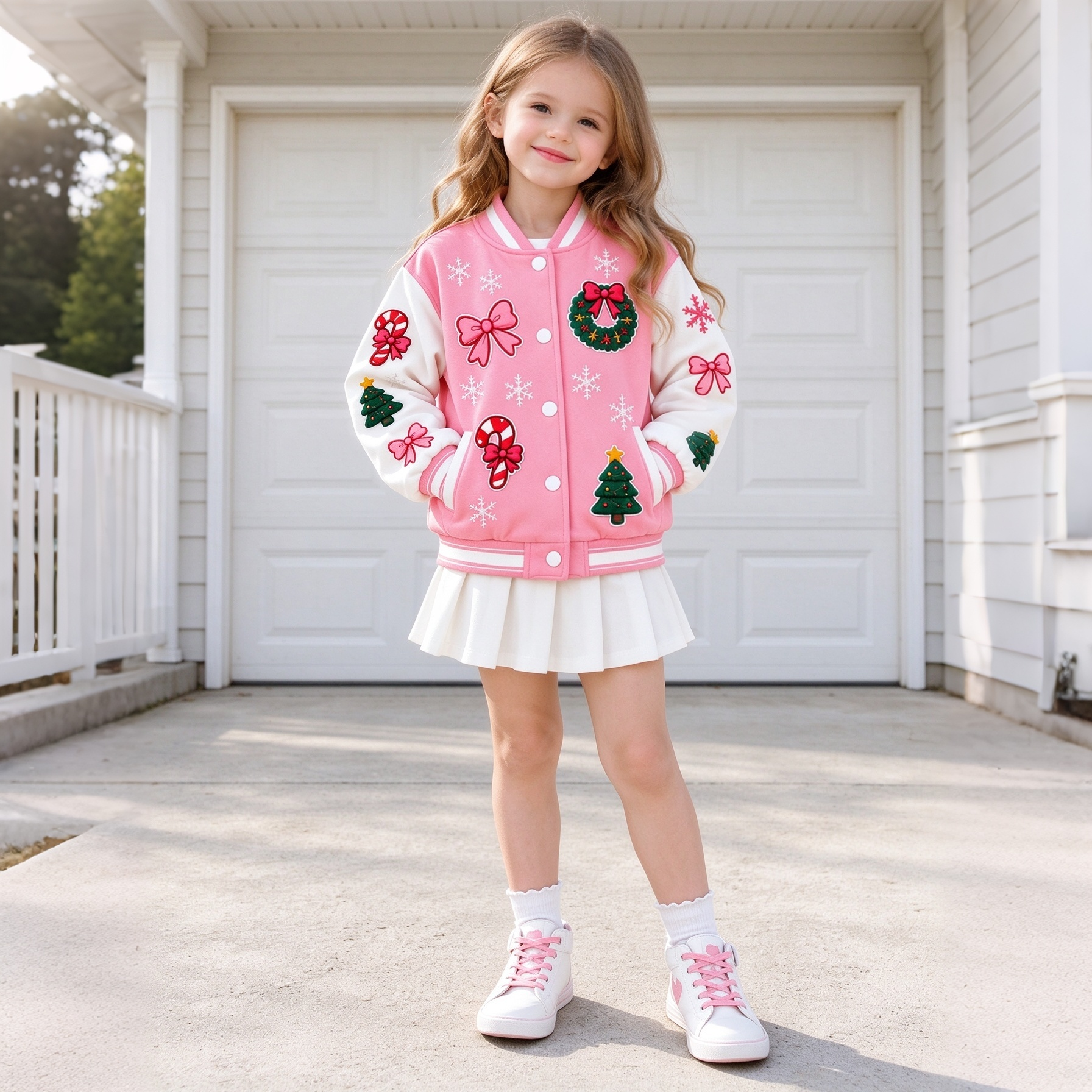 Personalized Pink Christmas Sweet Print Varsity Jacket for Girls | YESMC40