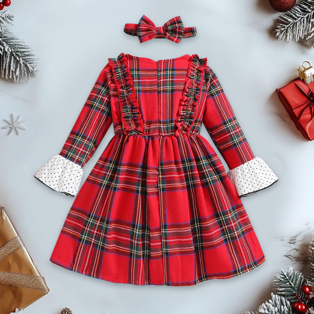 Personalized Girl Red Plaid Christmas Dress Set with Headband|YESMC18
