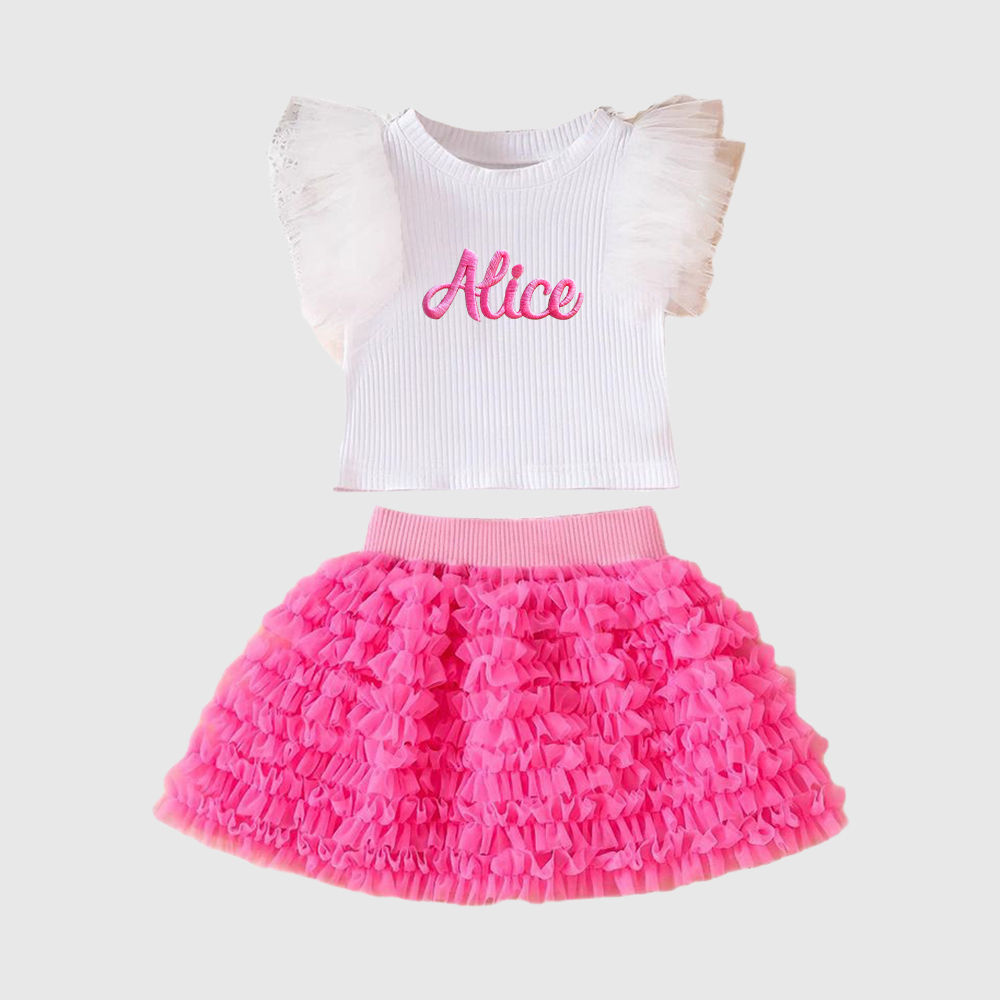 Personalized Girl Embroidered Ruffle Flutter Sleeve Tutu Set| Cloth237