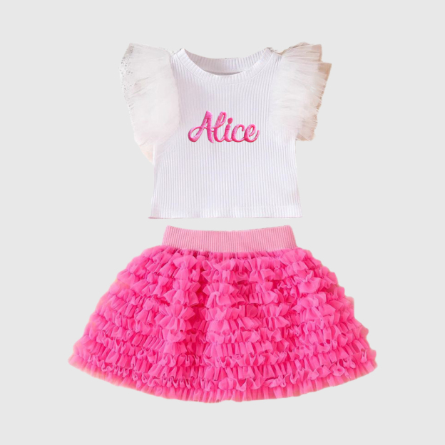Personalized Girl Embroidered Ruffle Flutter Sleeve Tutu Set| Cloth237