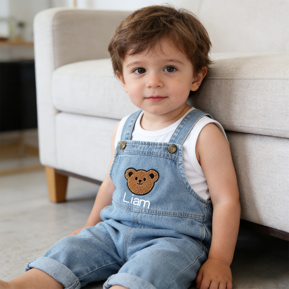 Personalized Kids Bear Patch Denim Overalls| Pants47