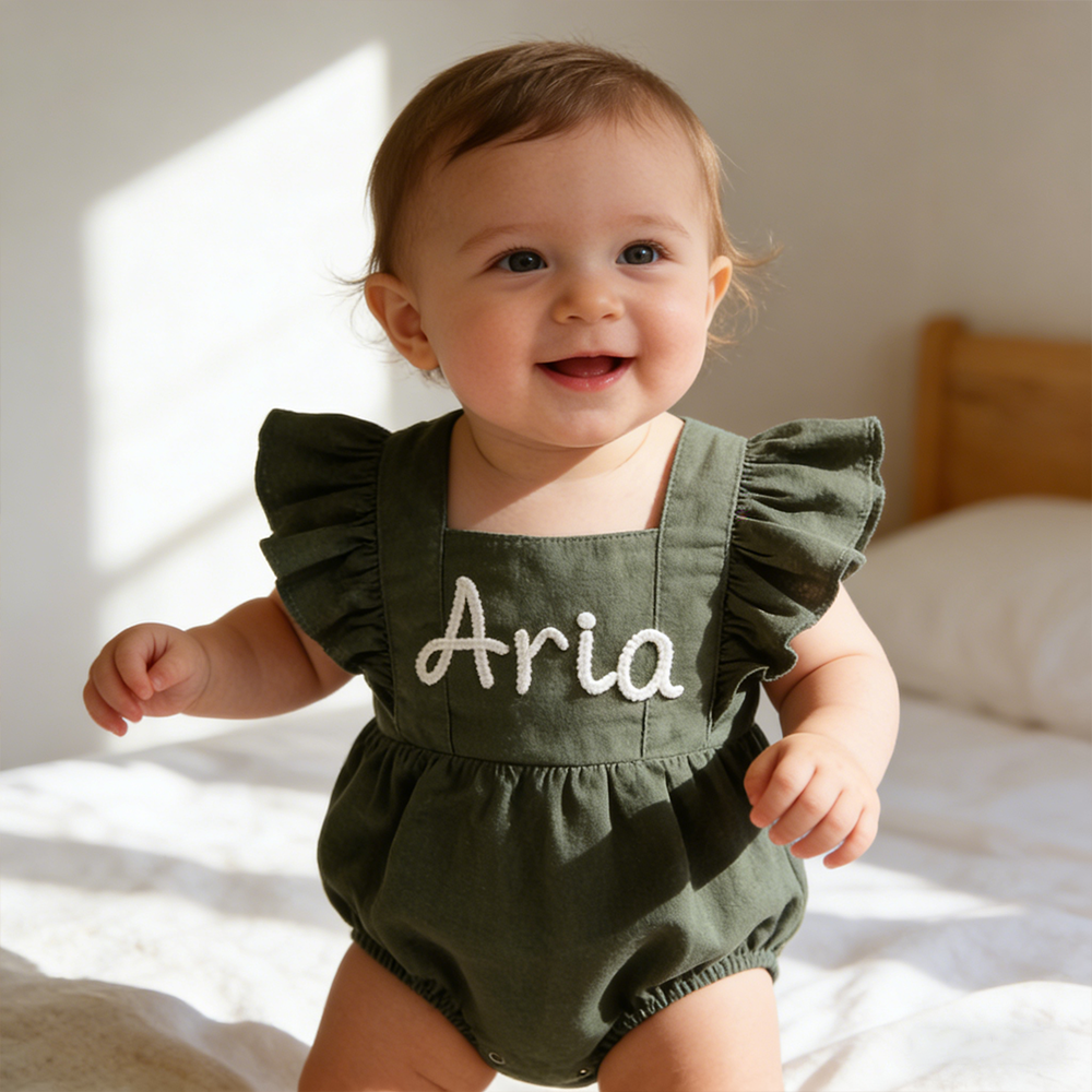Personalized Baby Gril Embroidered Linen Romper| BBcloth131