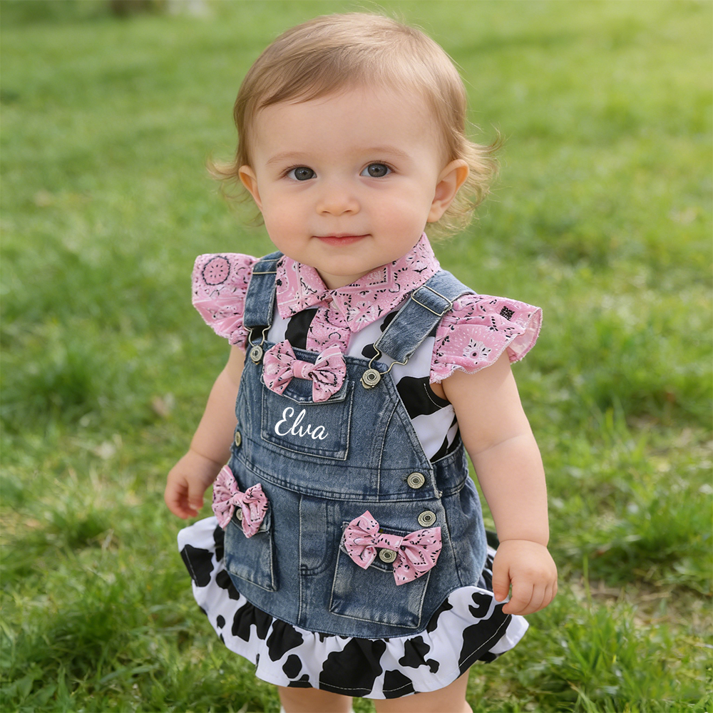 Personalized Baby Girl Cow Print Denim Overall Dress Set| BBcloth132