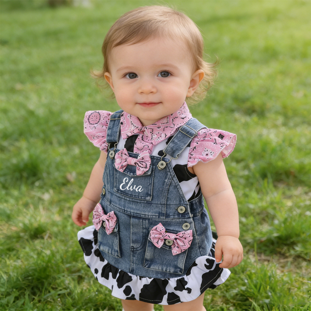 Personalized Baby Girl Cow Print Denim Overall Dress Set| BBcloth132