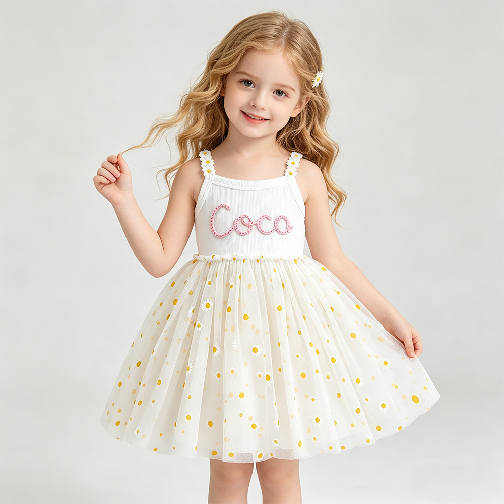 Personalized Girl Hand Knitted Rainbow Daisy Tutu Dress| Dress100