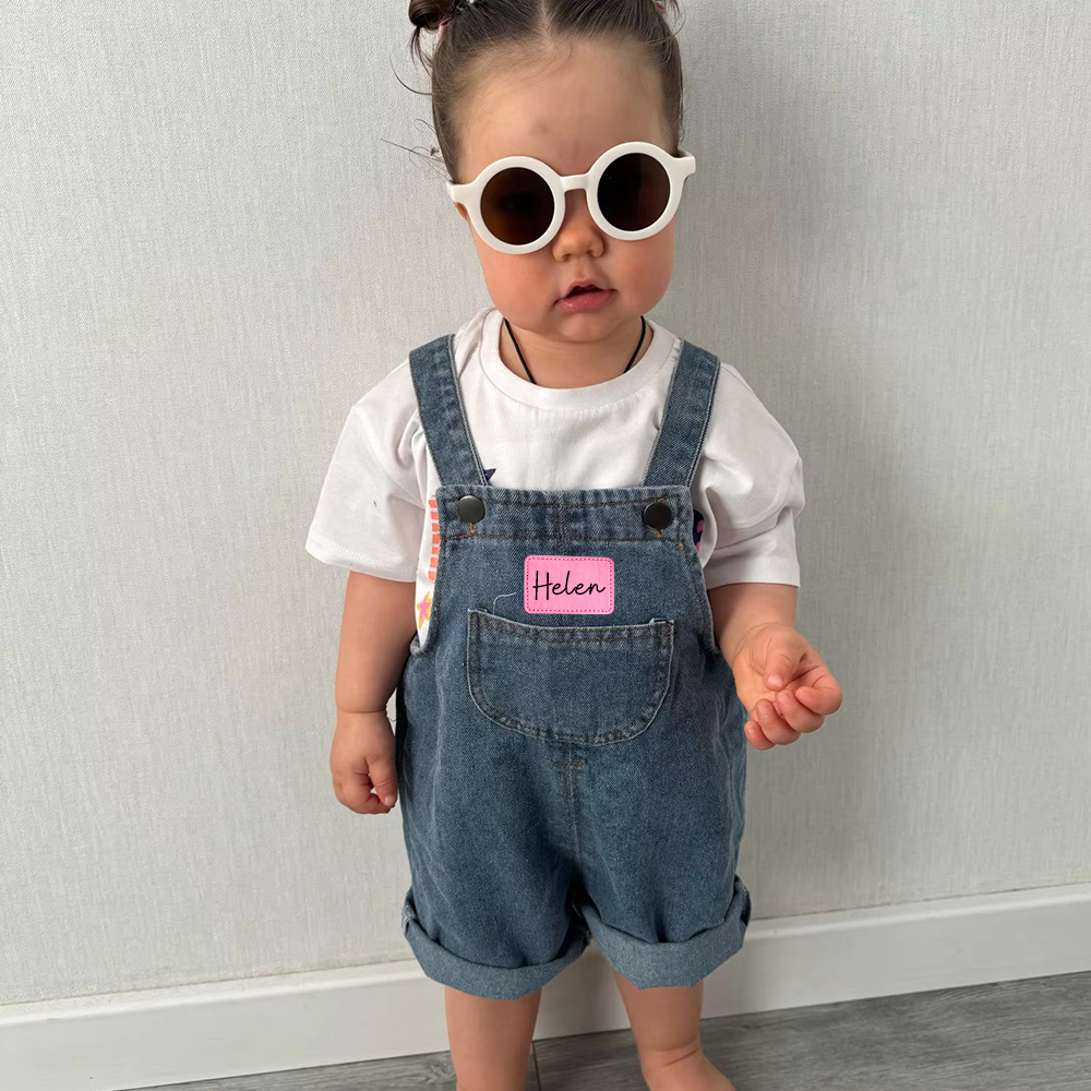 Personalized Kids Leather Patch Denim Overalls| Pants03