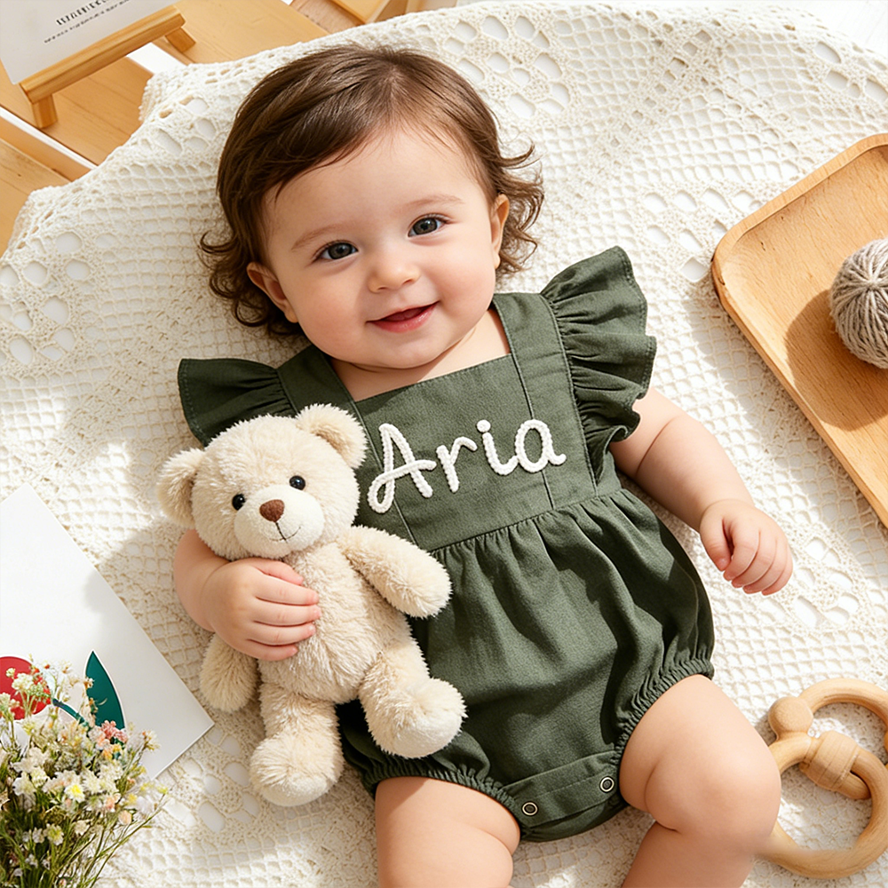 Personalized Baby Gril Embroidered Linen Romper| BBcloth131