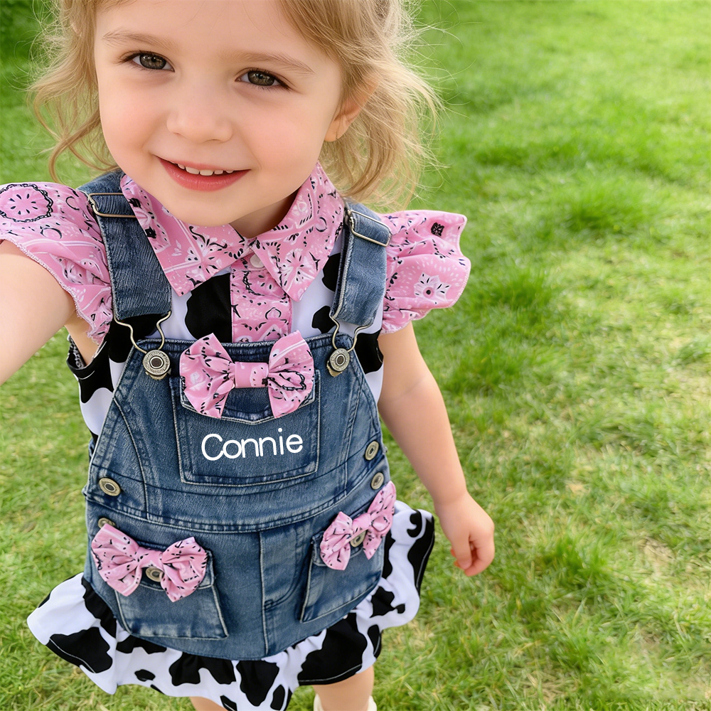 Personalized Baby Girl Cow Print Denim Overall Dress Set| BBcloth132