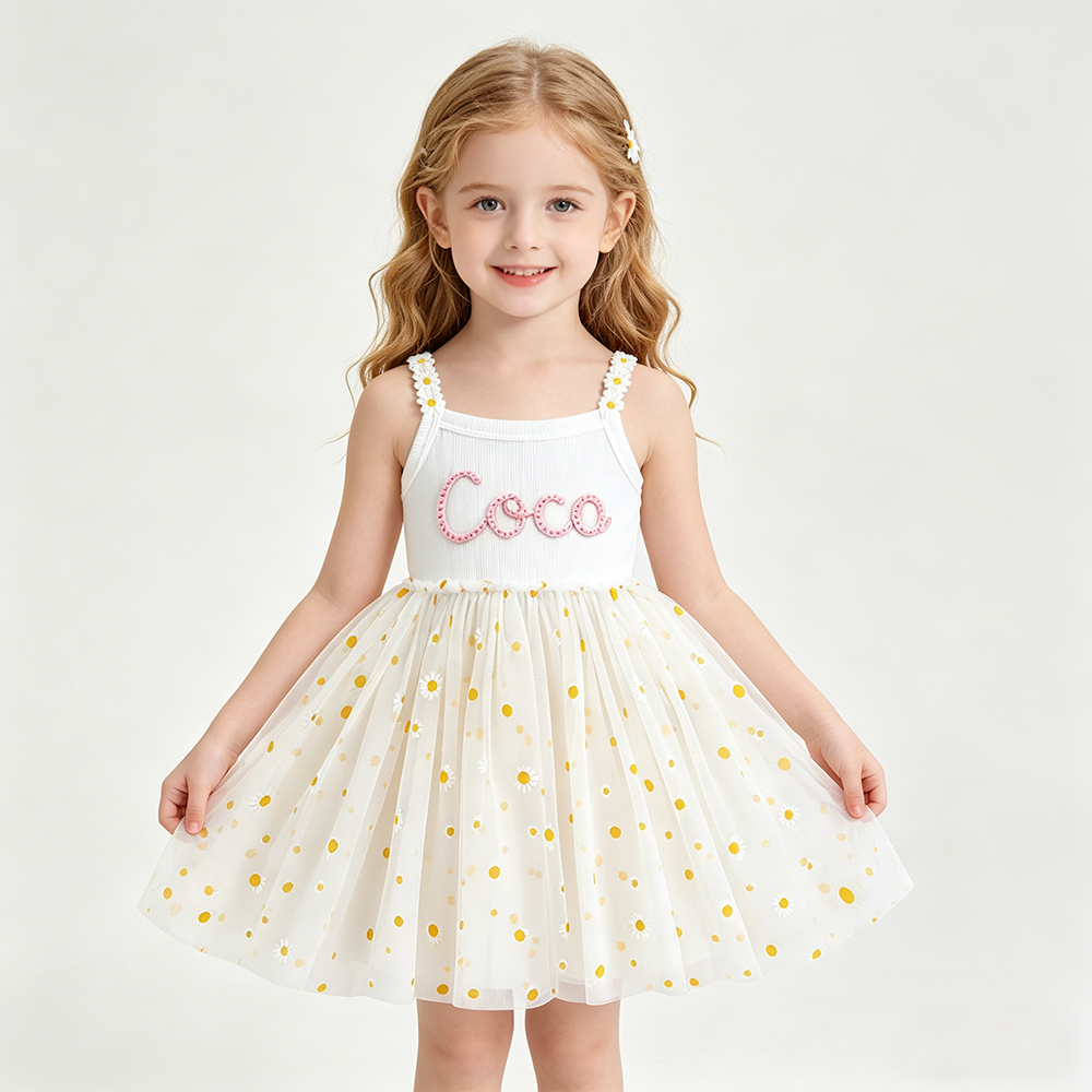 Personalized Girl Hand Knitted Rainbow Daisy Tutu Dress| Dress100