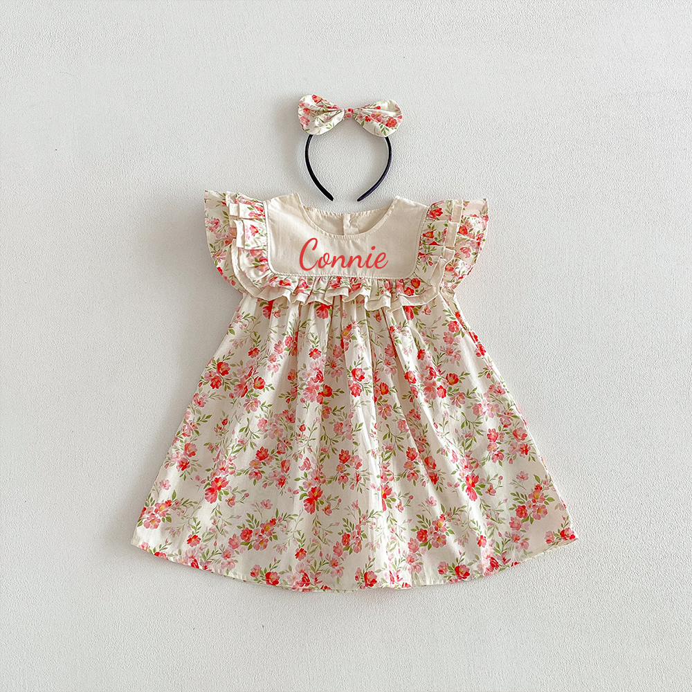 Personalized Girl's Floral Cotton Dress With Headband| Dress113