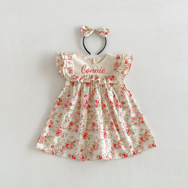 Personalized Girl's Floral Cotton Dress With Headband| Dress113