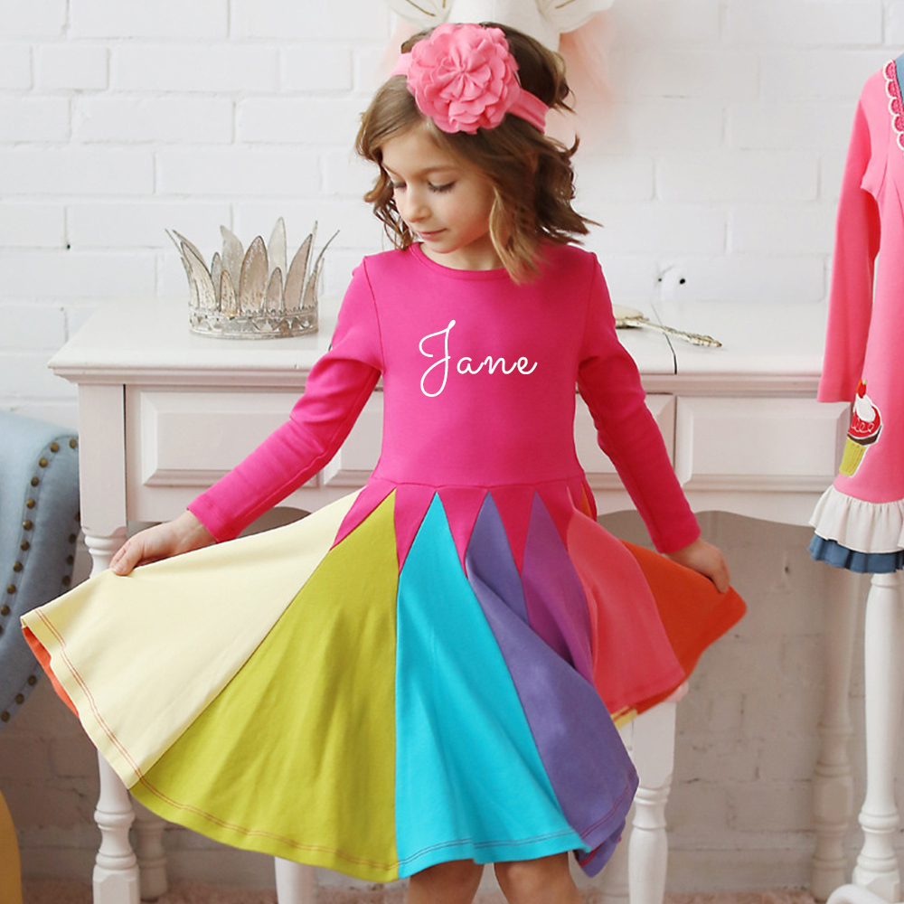 Personalized Girl Rainbow Ruffle Casual Dress| Dress24