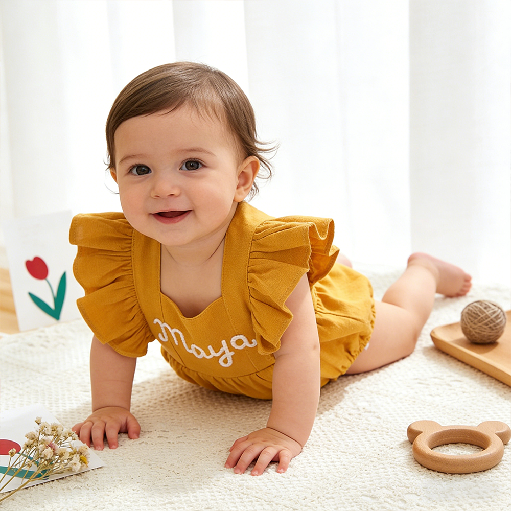 Personalized Baby Gril Embroidered Linen Romper| BBcloth131