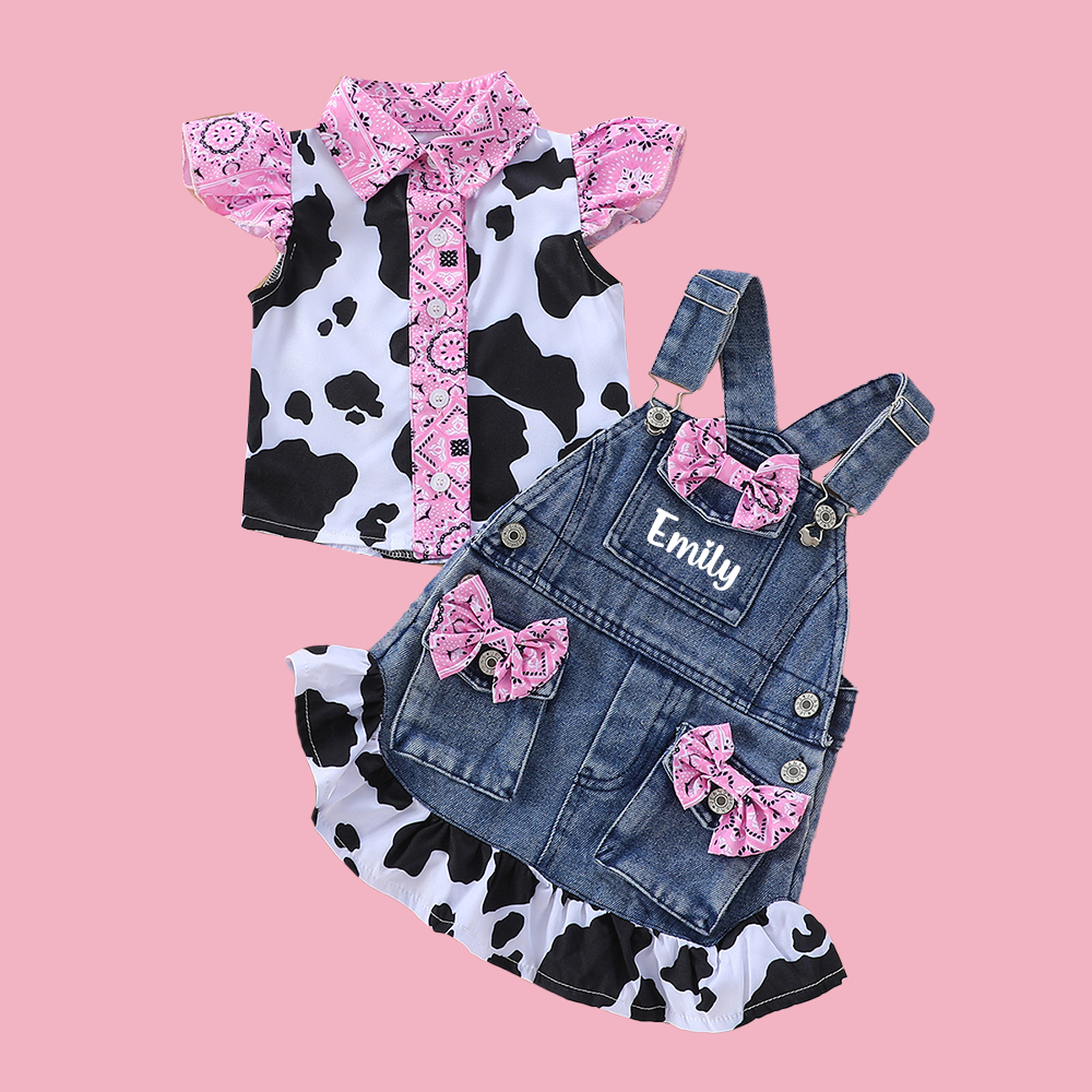 Personalized Baby Girl Cow Print Denim Overall Dress Set| BBcloth132