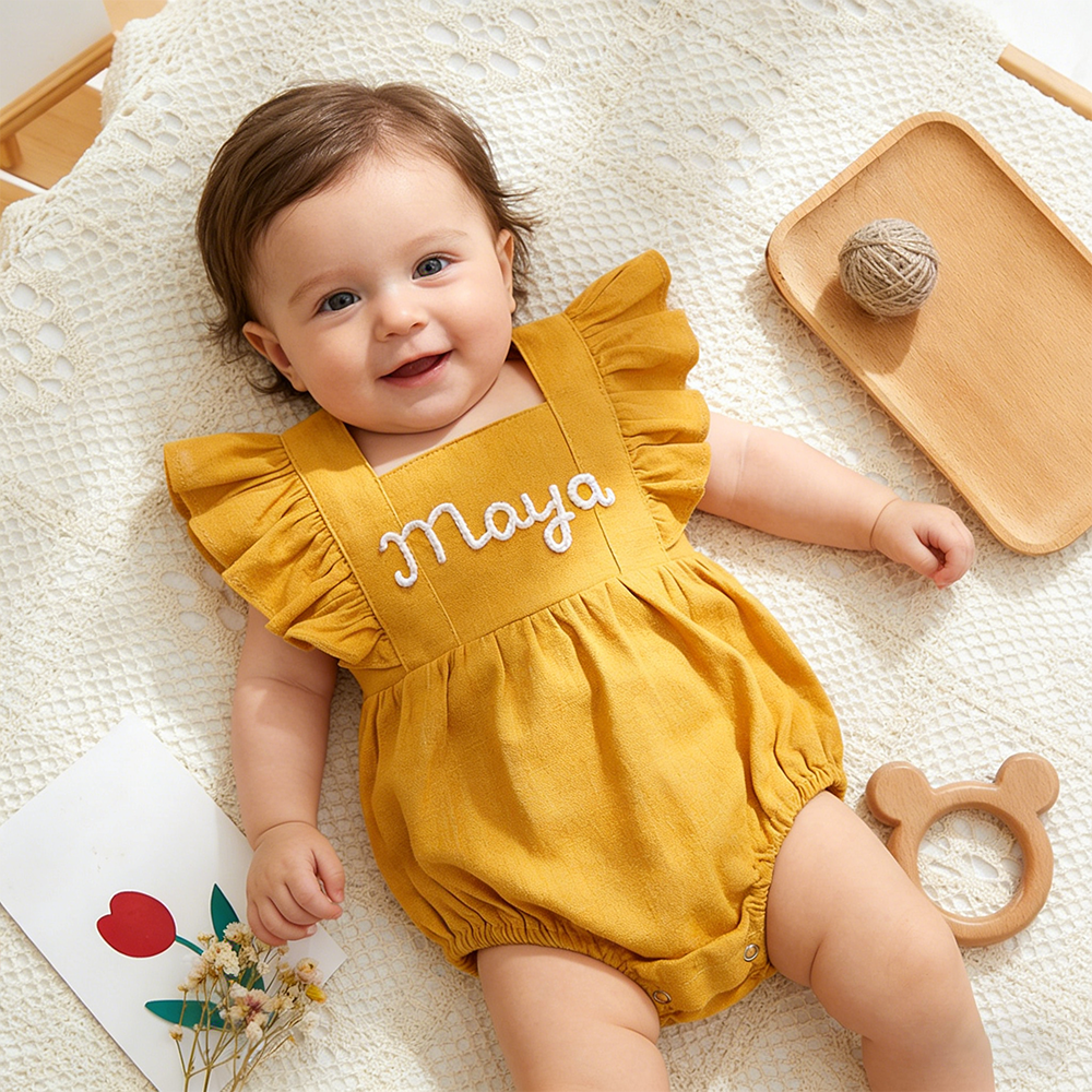 Personalized Baby Gril Embroidered Linen Romper| BBcloth131