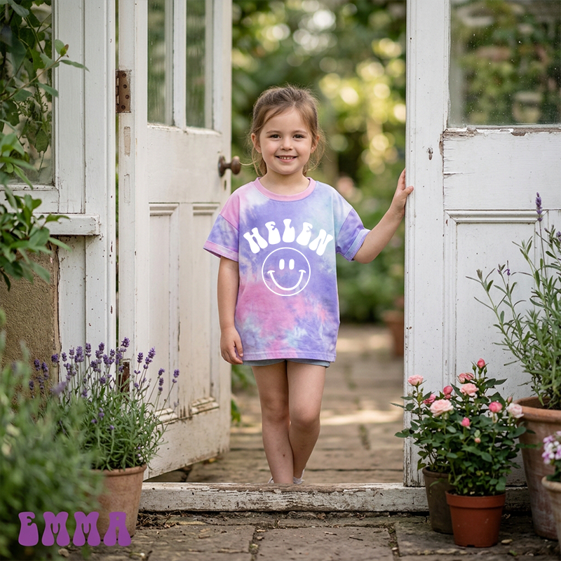 Personalized Kid Smiley Face Tie Dye Short Sleeve Tee| Cloth28401