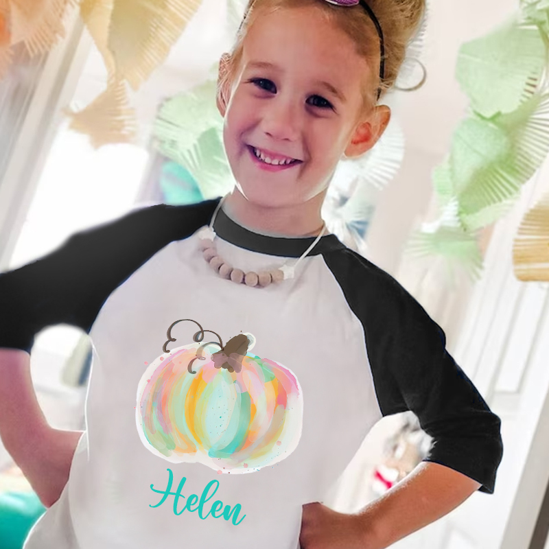 Personalized Girls Watercolor Pumpkin Long Sleeves Shirt| Cloth12404