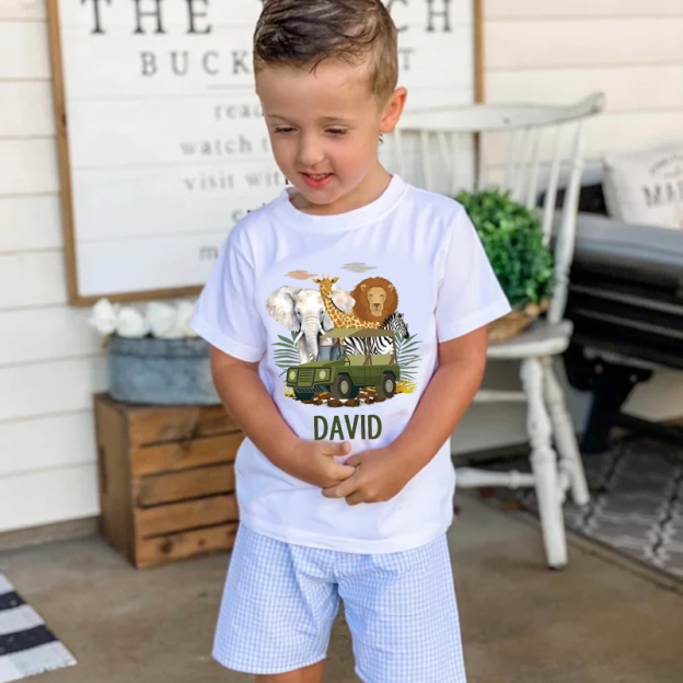 Personalized Kids African Safari Animals & Vehicle T-Shirt| Cloth1417