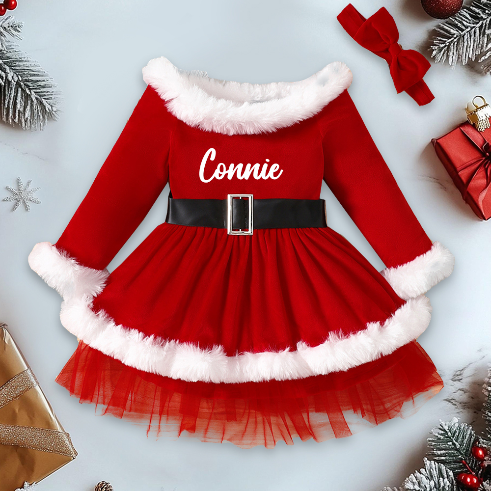 Personalized Girl Christmas  Baby Velvet Dress With Headband|YESMC11