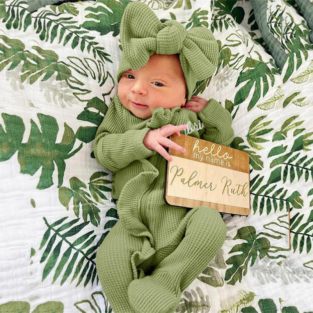 Personalized Baby Girl  With Embroidered Name Waffle Knit Ruffled Footie Outfit | BBCloth59