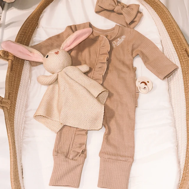 Personalized Baby Girl Embroidered Waffle Knit Ruffled Footie Outfit | BBCloth59