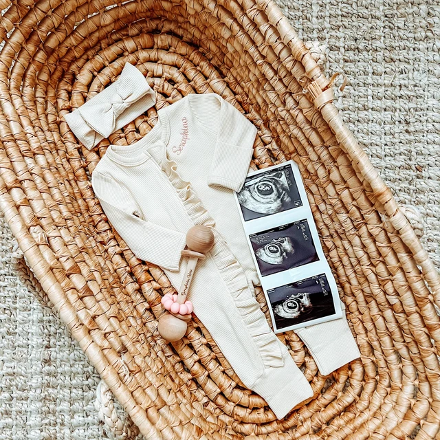 Personalized Baby Girl Embroidered Waffle Knit Ruffled Footie Outfit | BBCloth59