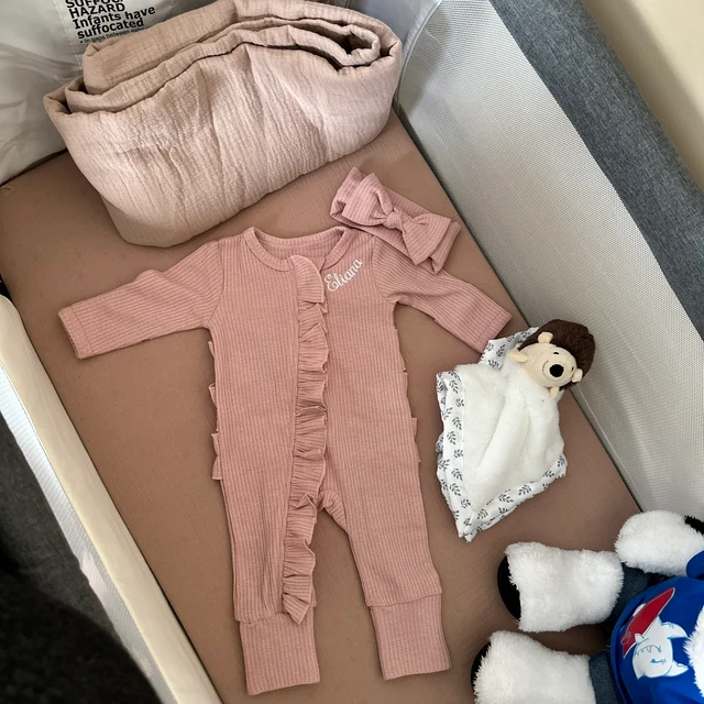 Personalized Baby Girl Embroidered Waffle Knit Ruffled Footie Outfit | BBCloth59