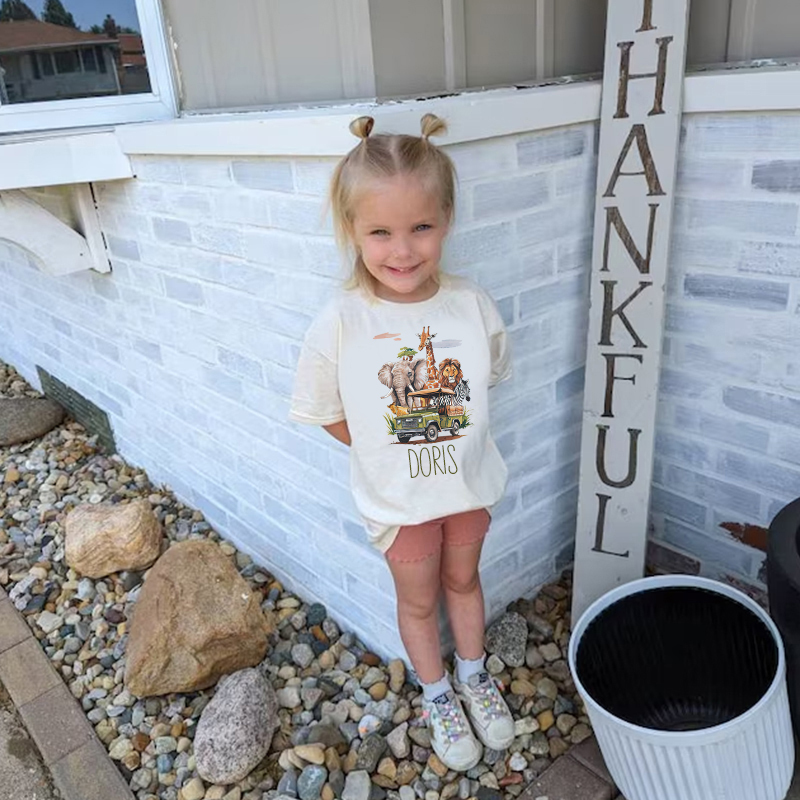Personalized Kids African Safari Animals & Vehicle T-Shirt| Cloth1417