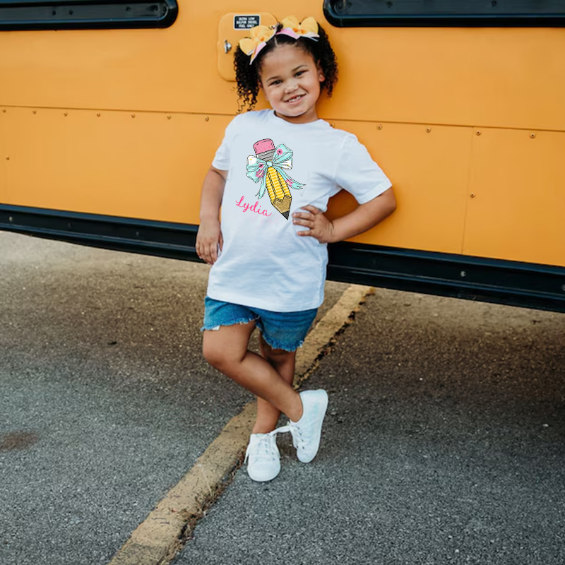 Personalized Girls Back To School Cute Pencil Bow T-Shirt| Cloth1405