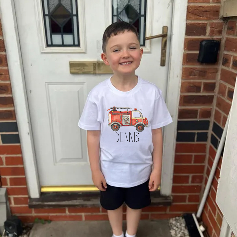 Personalized Boy  Fire Truck Name T-Shirt| Cloth1426