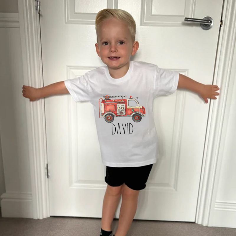 Personalized Boy  Fire Truck Name T-Shirt| Cloth1426