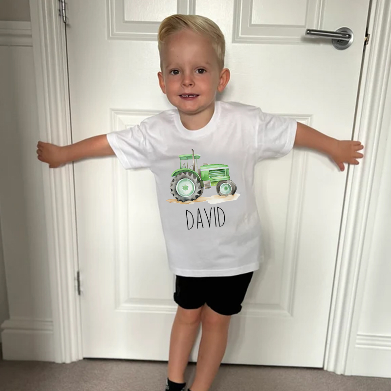 Personalized Boy Green Farm Tractor Name T-Shirt| Cloth1428