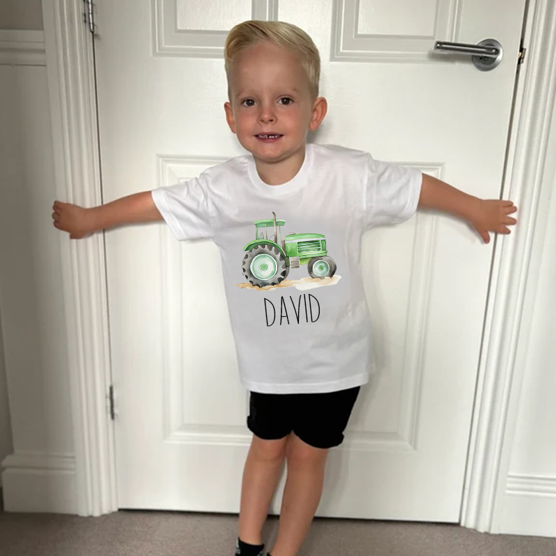 Personalized Boy Green Farm Tractor Name T-Shirt| Cloth1428