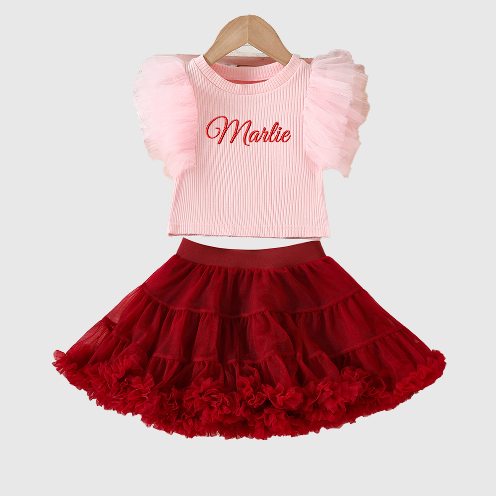 Personalized Girl Mesh Flying Sleeve T-shirt TUTU Skirt Set| Cloth236