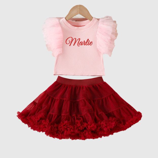 Personalized Girl Mesh Flying Sleeve T-shirt TUTU Skirt Set| Cloth236