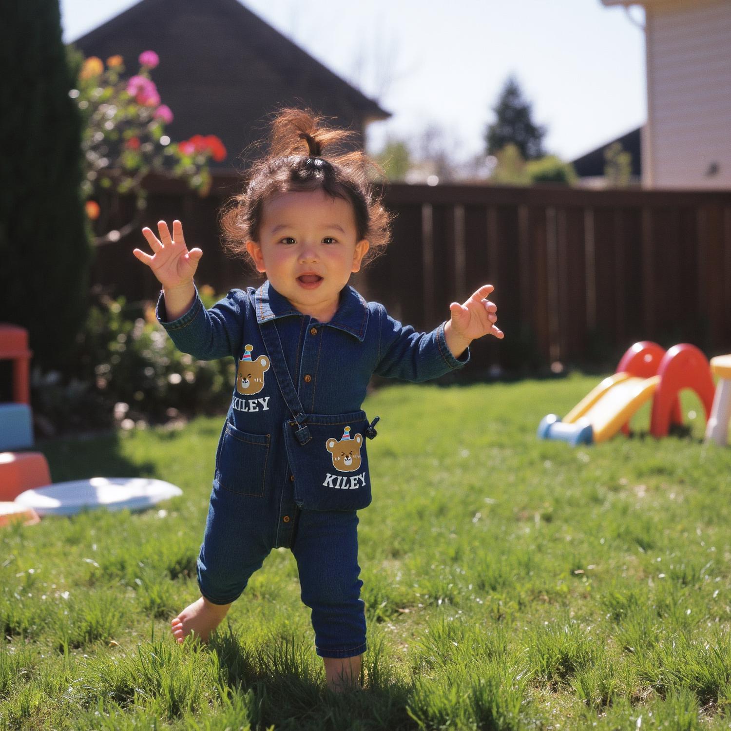 Personalized Baby Bear Denim Onesie With Bag Set| BBCloth88