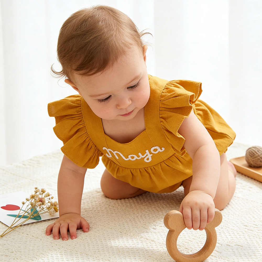 Personalized Baby Gril Embroidered Linen Romper| BBcloth131