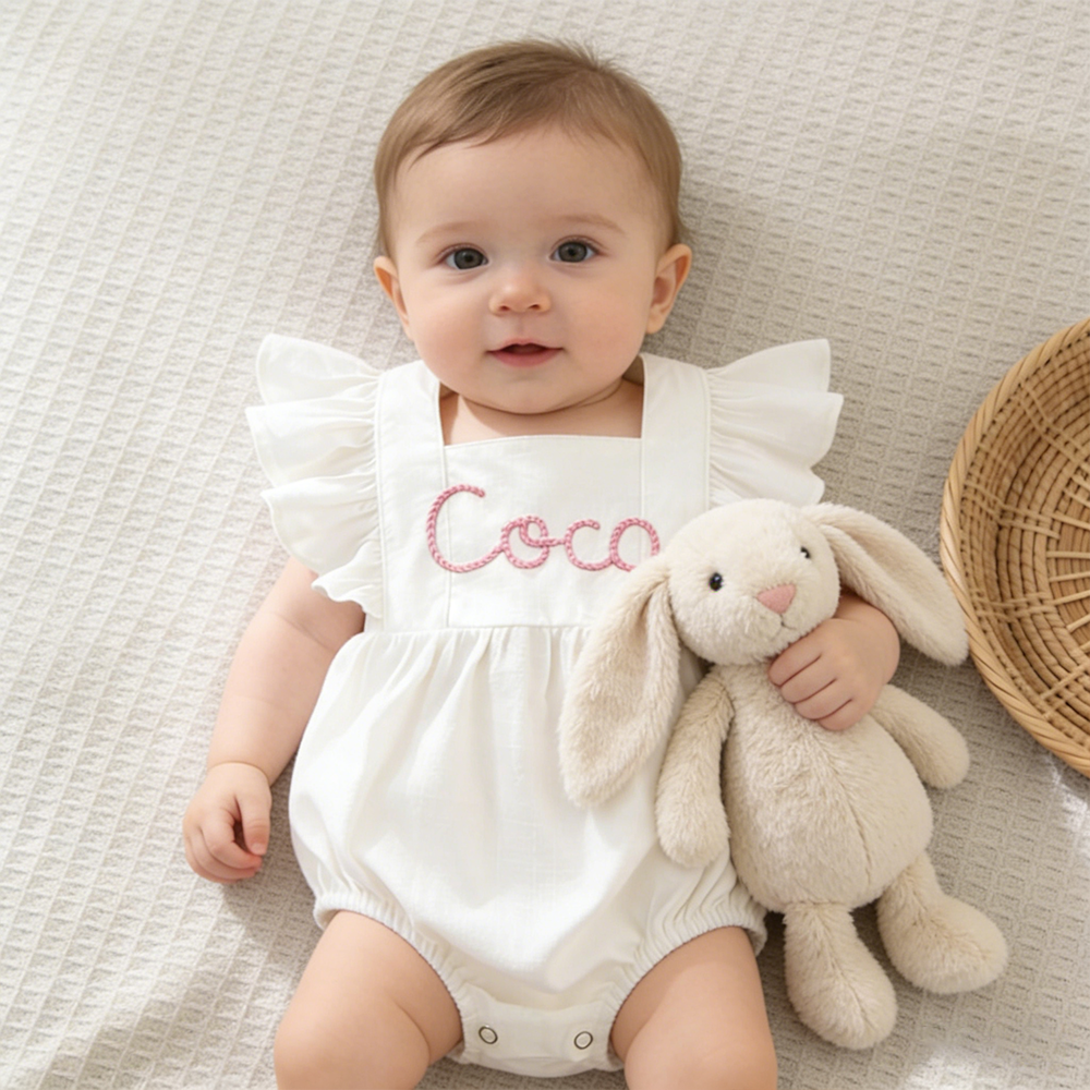Personalized Baby Gril Embroidered Linen Romper| BBcloth131